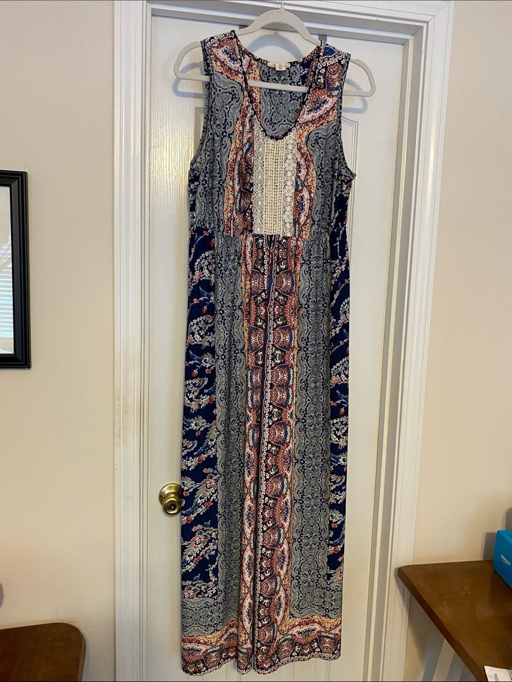 Women’s Style & Co. Navy Blue Paisley Maxi Dress with Cream Lace‎ size XL